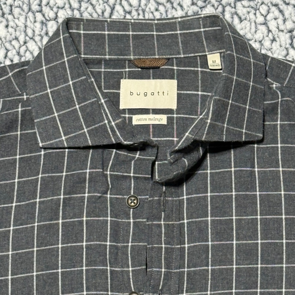Bugatti Mens Cotton Melange Windowpane Check Button Down Shirt Grey White Size M